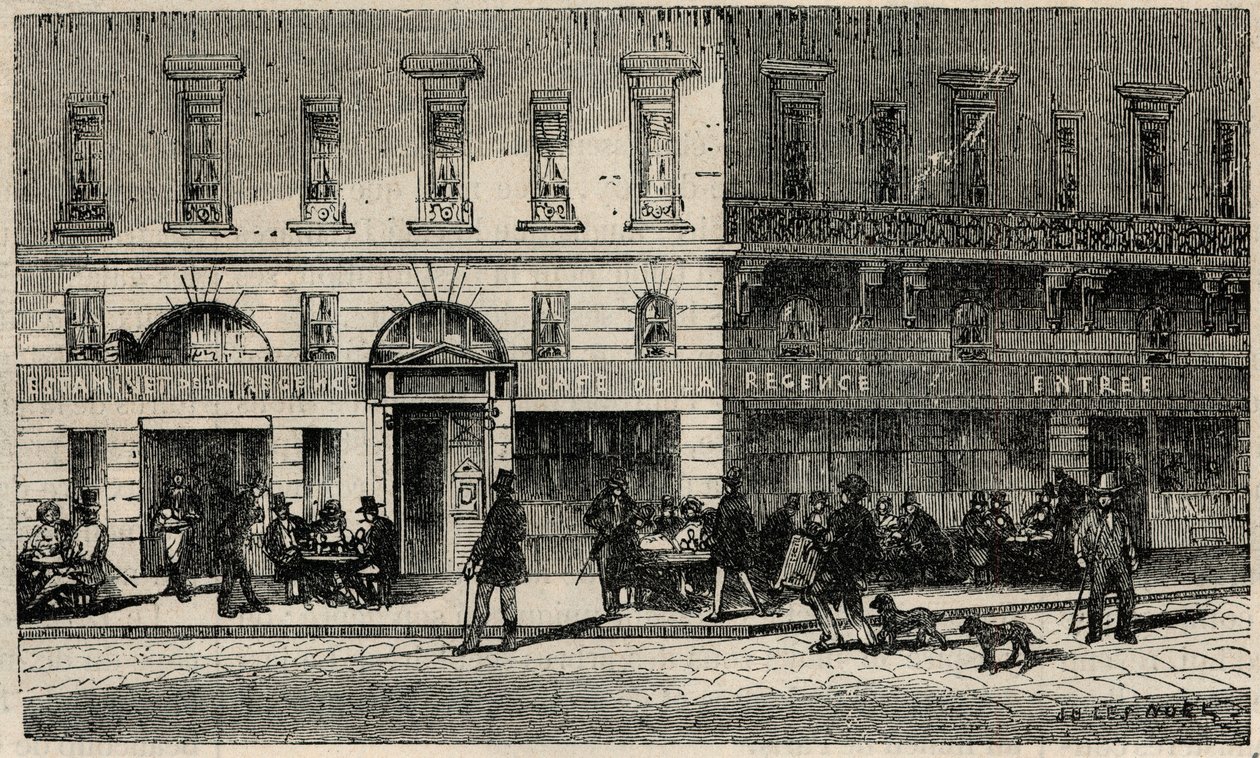 Cafe de la Regence na Place du Palais-Royal v Paříži v 19. století – rytina v „Tableau-de-Paris“ od Edmonda Texiera 1852 od French School