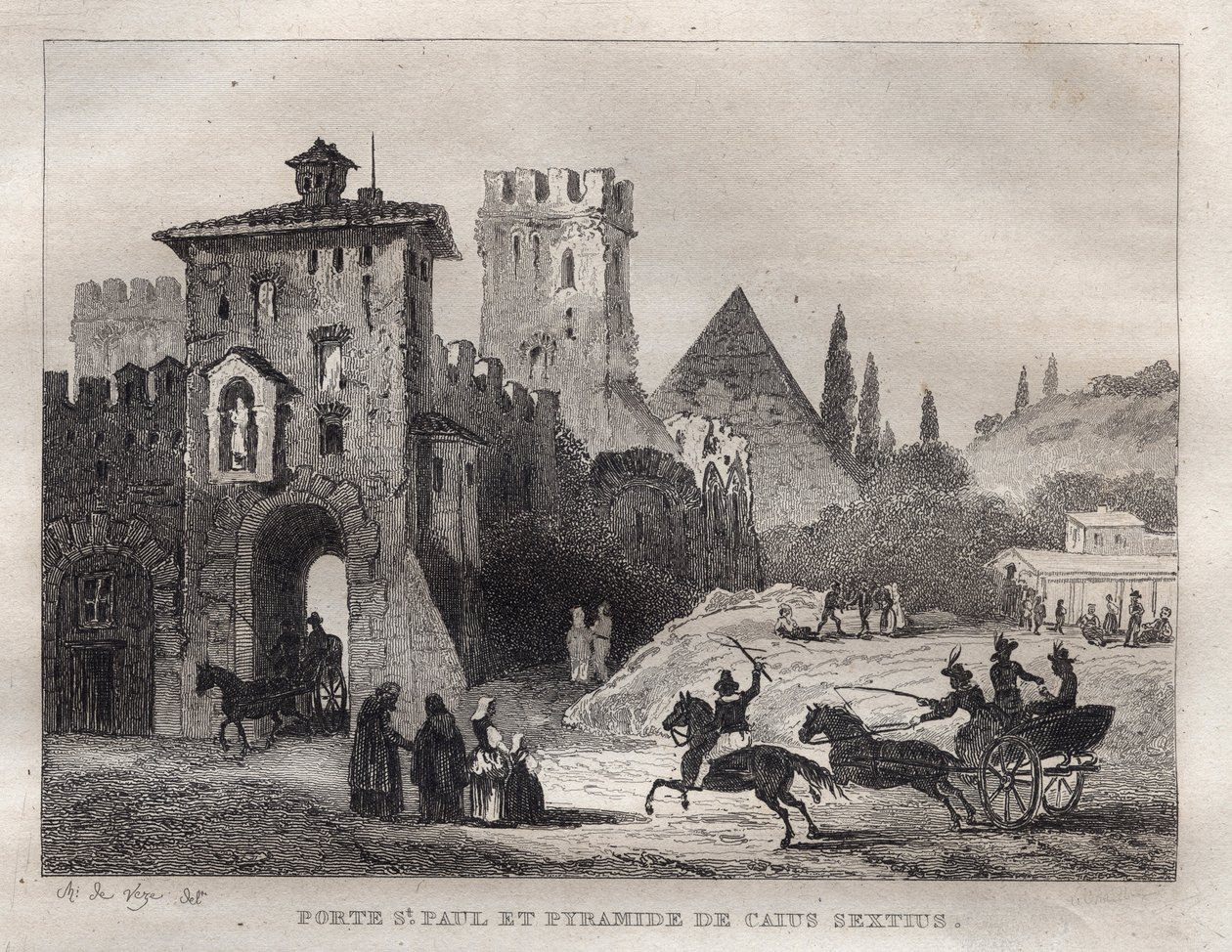 Pyramida Caius Cestus a brána sv. Pavla v Římě Porte Saint Paul a pyramida Caia Sexta v Římě - rytina z „“Malebné Itálie““ – Historická a popisná malba Itálie““ od M. de Norvinse, Ch. Nodier 1834-1836. od French School
