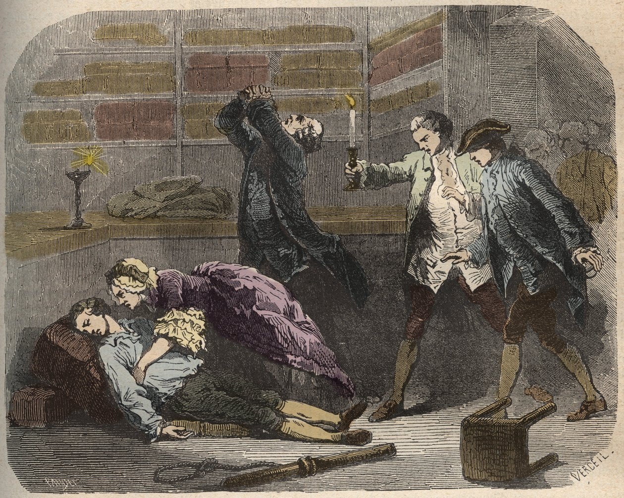 Případ Calas: 13. října 1761 byl Marc Antoine Calas nalezen mrtvý v rodinném butiku v Toulouse - rytina v „Causes celebres de tous les peuples“ od Armanda Fouquiera (1817-18?) 1858-1867 - soukromá sbírka od French School