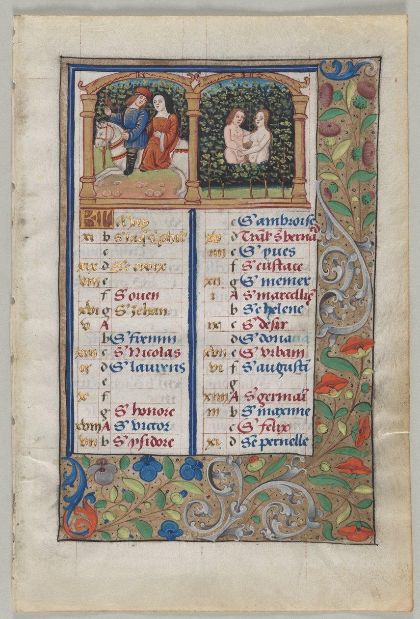 Kalendářní list na květen (recto), asi 1510 (tuš, tempera, zlato, pergamen) od French School