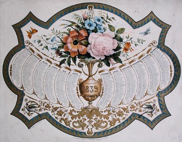 Kalendář na rok 1839, vyryl Godefroy Engelmann (1788-1839) kolem roku 1838 (barevně lito) od French School