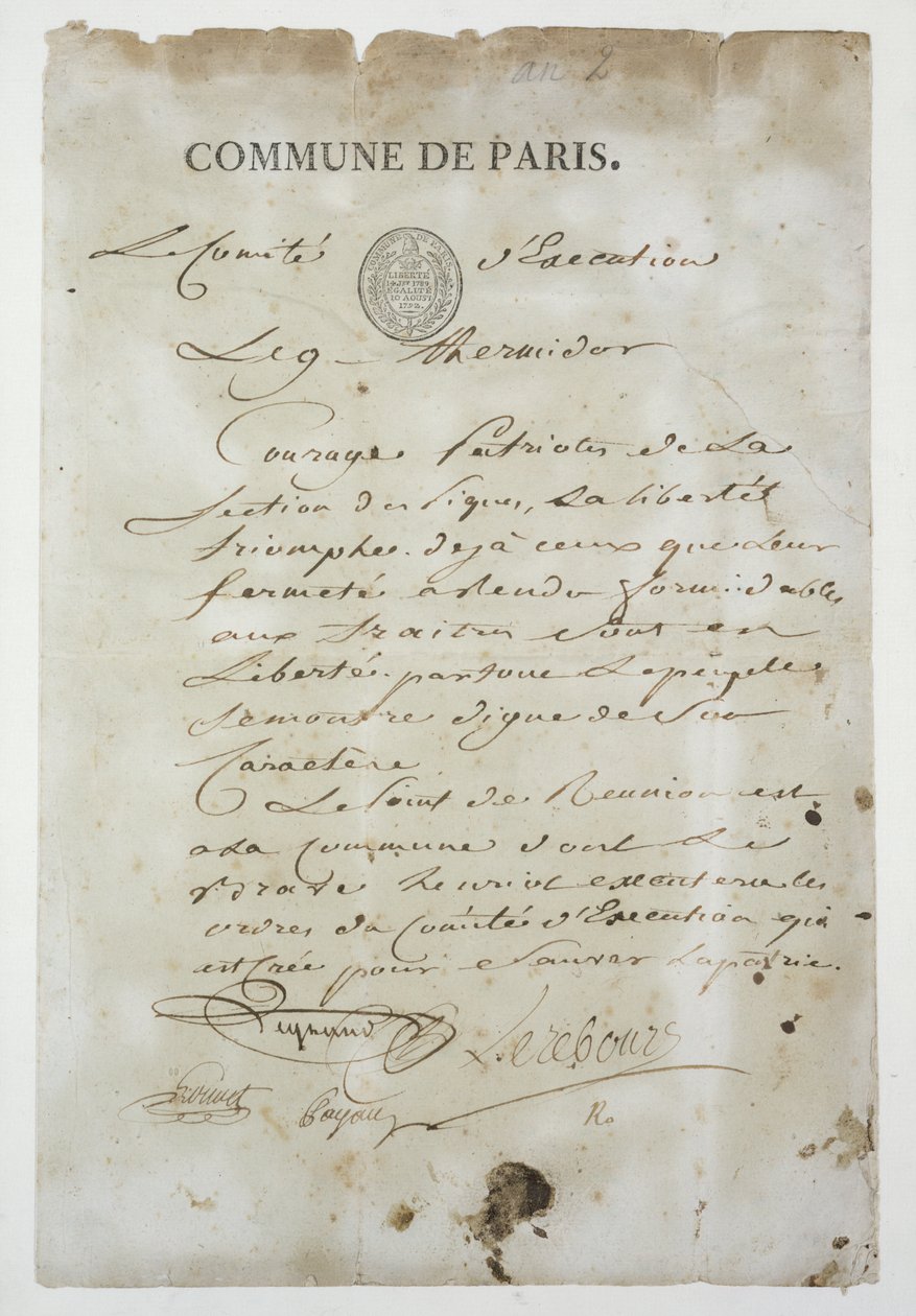 Výzva od Maximiliena de Robespierre (1758-94), abyste se připojili ke Komuně, 9 Thermidor An 2 (27. července 1794) (pero a inkoust na papíře) od French School