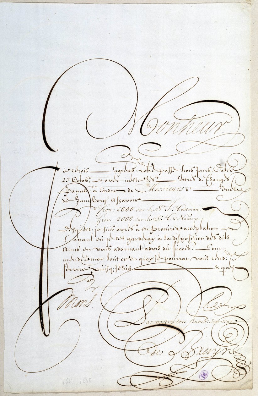 Kaligrafie: Účetní dopis kaligrafovaný kolem roku 1678 Francoisem de Bruynem. od French School