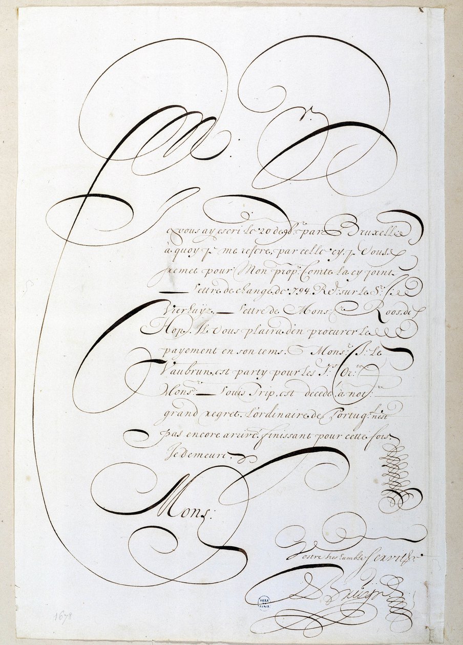 Kaligrafie: Účetní dopis kaligrafovaný kolem roku 1678 Francoisem de Bruynem. Historická knihovna města Paříže od French School