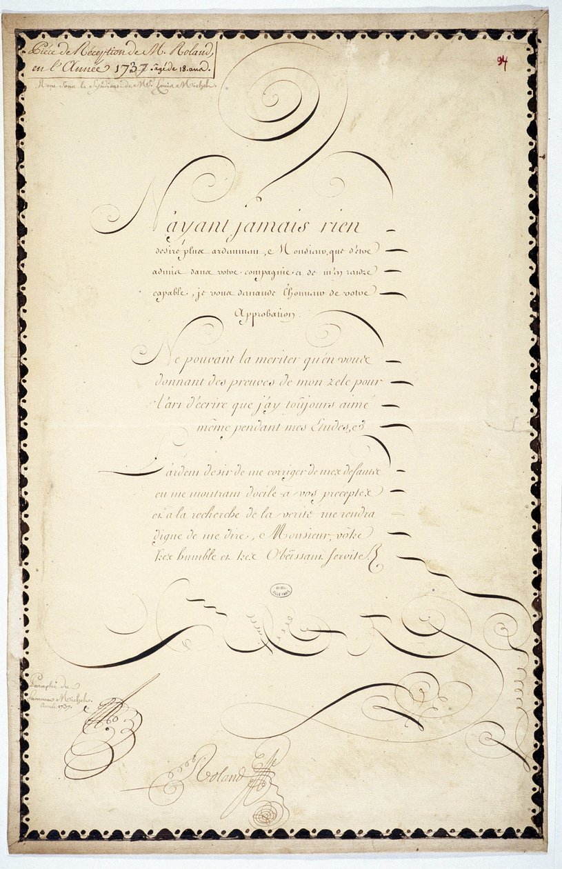 Kaligrafie: Recepční kus z roku 1737 od Andre Francoise Rolanda. od French School