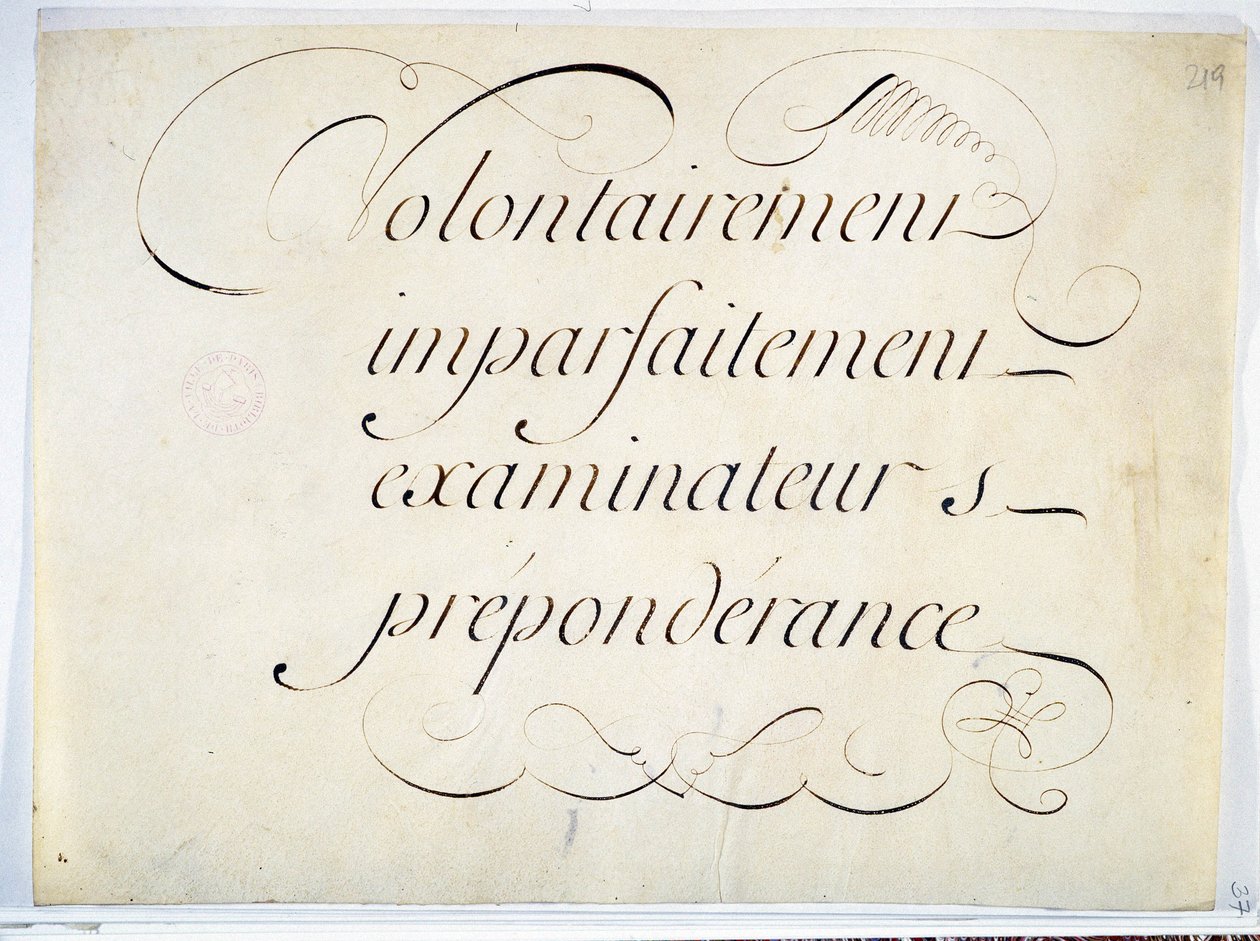 Kaligrafie: rukopisný kus kolem roku 1670 Andre Francois Roland. „záměrně, nedokonale, zkoušející, převaha““. od French School