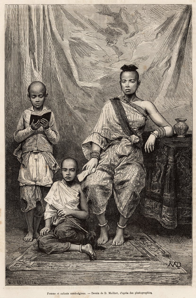 Kambodžská žena a děti, rytina podle kresby D. Maillarta, ilustrující plavbu do Cochinchine, od doktora Morice, v roce 1872, publikovaná v „“Le tour du monde“““ 1875, editoval Edouard Charton, vydání Hachette, Paříž. Kolekce Selva. od French School
