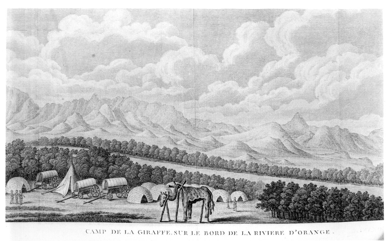 Camp Giraffe na břehu Orange River, ze svazku 2 Druhé plavby dans linterieur de lAfrique od Francoise Le Vaillanta (1753-1824) vydaného 1796 od French School