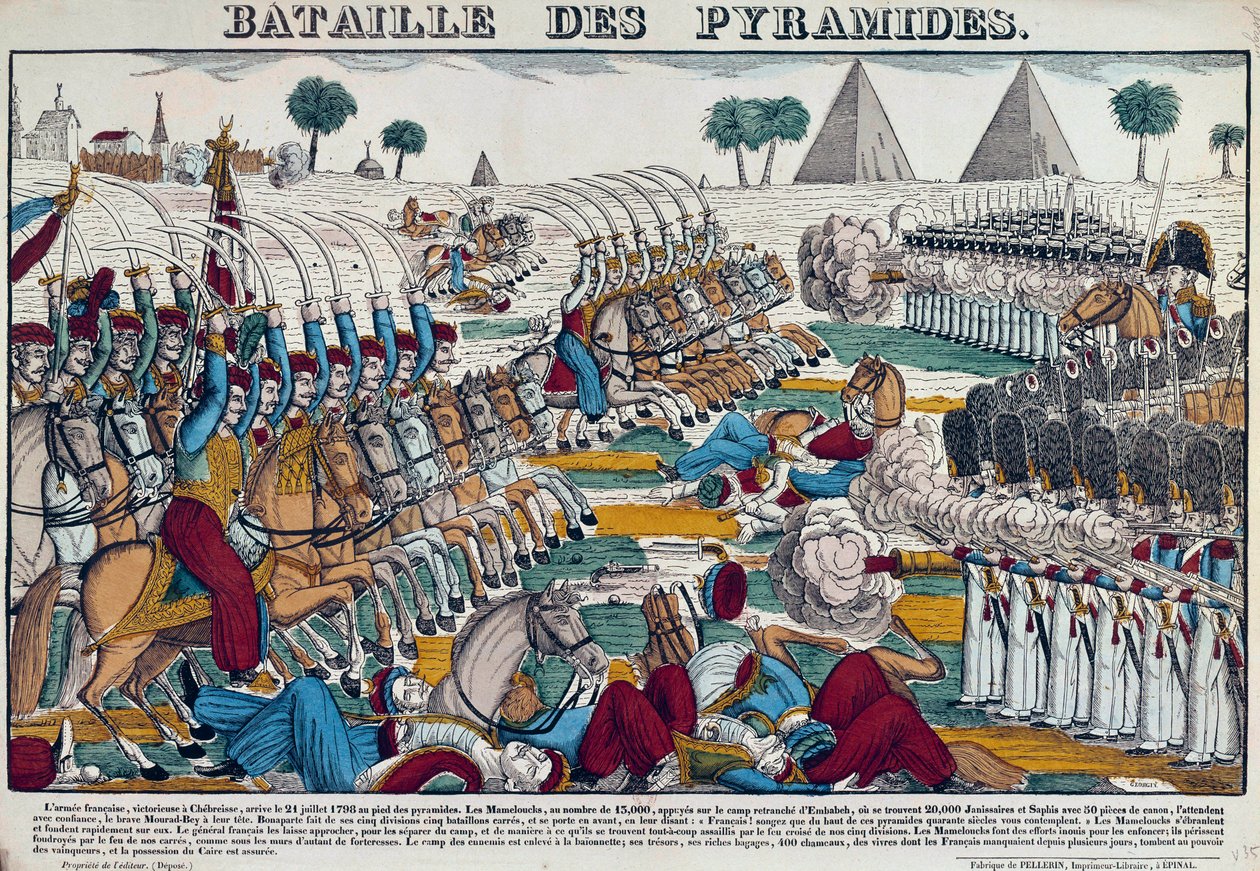 Kampaň (expedice) do Egypta (1798-1801): Bitva o Egypt dne 21.7.1798. Rytina 19. století. od French School