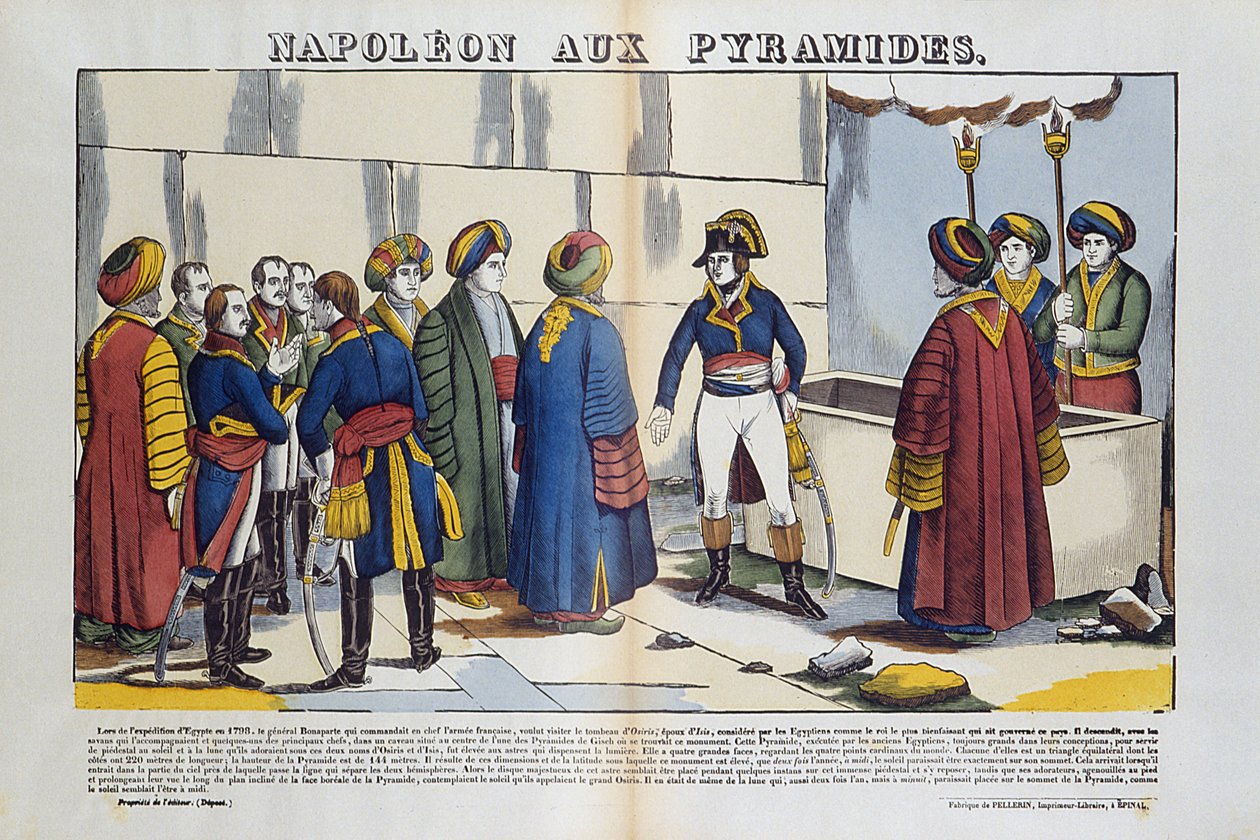 Kampaň (expedice) do Egypta (1798-1801): Bonaparte Napoleon k egyptským pyramidám v roce 1799. Obrázek Epinal od French School