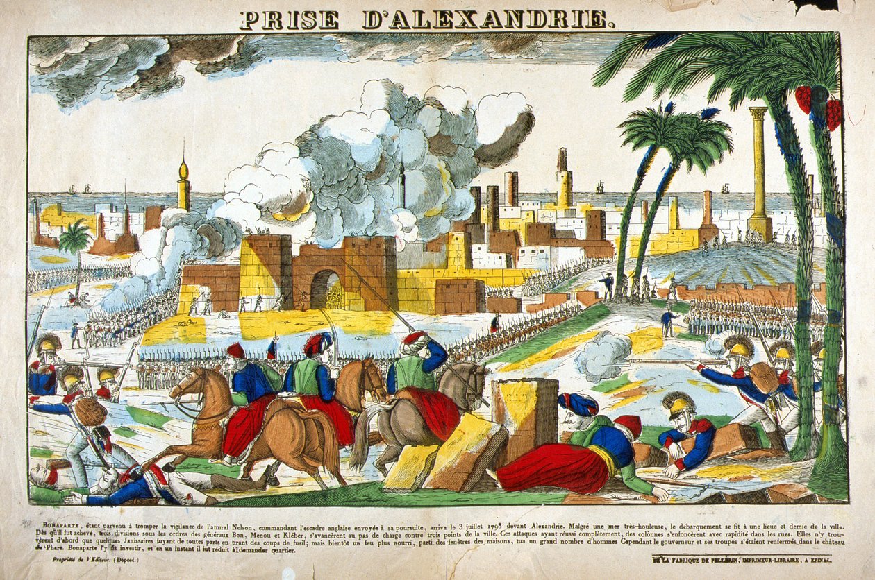 Kampaň (expedice) do Egypta (1798-1801): Dobytí Alexandrie vojsky Napoleona Bonaparta v červenci 1798. Obrázek Epinal od French School