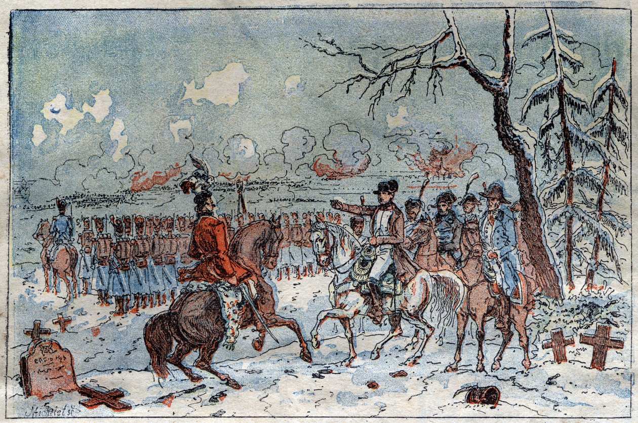 Tažení Pruska a Polska (1806-1807): „“ Napoleon I. (1769-1821) na bitevním poli u Eylau dne 8. 2. 1807 nařídil Muratovi, aby odrazil ruskou jízdu. Rytina 19. století. od French School