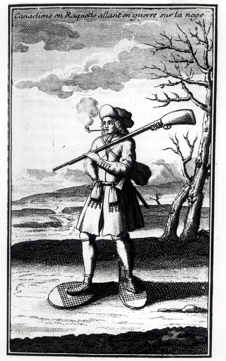 Kanaďan na sněžnicích ve válce na sněhu, z knihy Histoire de lAmerique septentrionale od Bacqueville de La Potherie (1663-1736) vydané v roce 1753. od French School