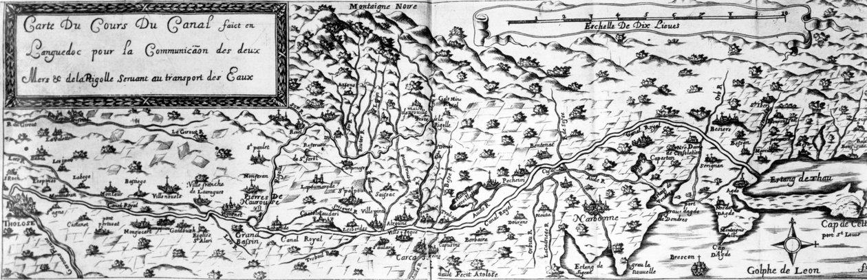 Canal du Midi, spojující Atlantik se Středozemním mořem, začínající v Toulouse a končící za Agde v Etang de Thau (černobílá fotografie rytiny ze 17. století) od French School