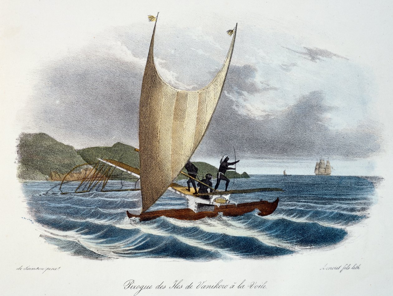 Kanoe s plachtou z Vanikoro ostrovů, Šalamounovy ostrovy (souostroví), barevná rytina z objevné cesty astrolábů, kterou na králův příkaz v letech 1826-1829 provedl Jules-Sebastien-Cesar Dumont d
