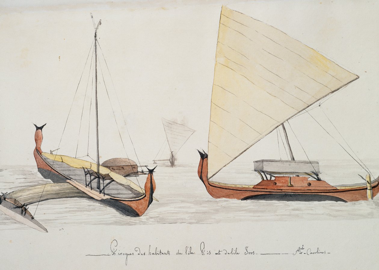 Kánoe obyvatel ostrovů Pis a Iros (Caroline Islands), akvarel od Jules-Louis Lejeune, z Duperrey