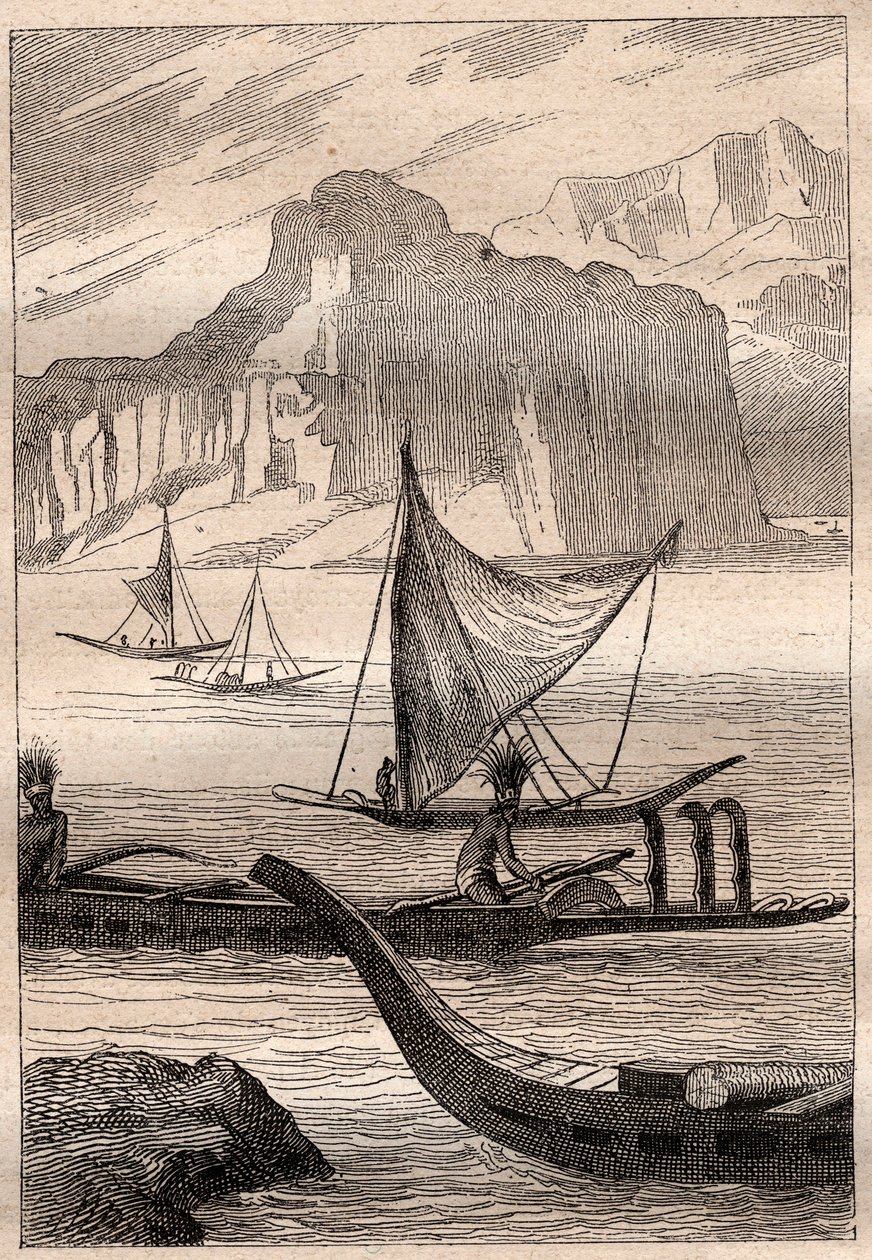 Kanoe z Marquises Islands - ilustrace převzata z „Velkých námořníků 18. století““ od French School