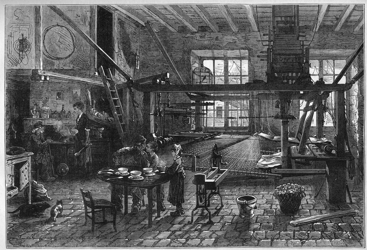 Canut workshop. Interiér tkadleny hedvábí v Lyonu během krize na konci 19. století. Rytina v „“ Le Monde Illustré““ č. 1039 z 10. března 1877. od French School