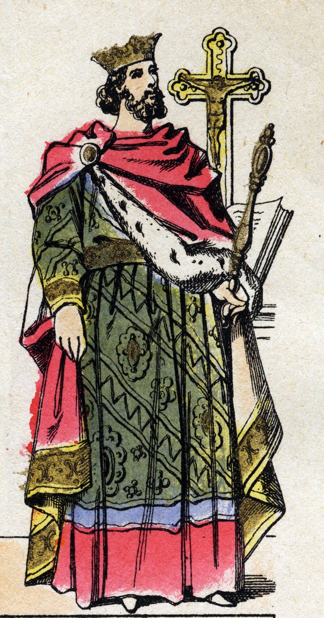 Kapetovská dynastie: Portrét Roberta II. Pobožného (972-1031), krále Franků v letech 996 až 1031. Epinal zobrazení z konce 19. století. Soukromá sbírka. od French School