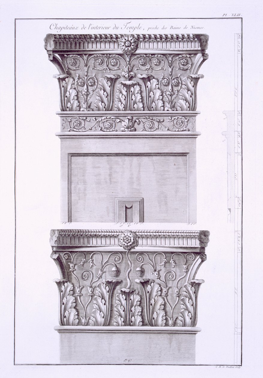 Hlavní města z chrámu poblíž římských lázní, Nimes, z Antiquites de la France: svazek I, Monuments de Nimes od French School