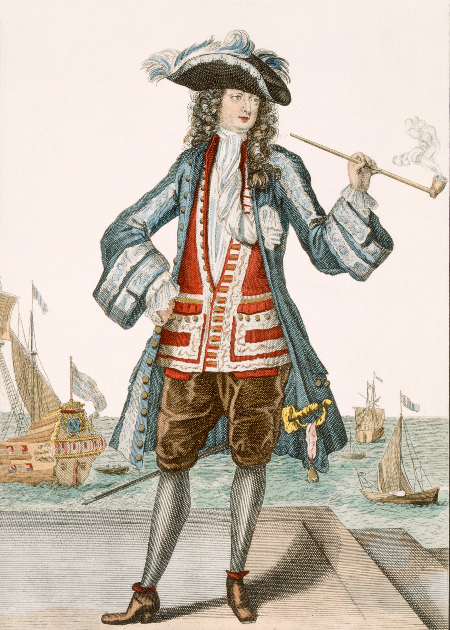 Kapitán Jean Bart z Dunkerque 88: Le Capitaine Jean Baert de Dunquerque, kapitán flotily, stojí a kouří dlouhou dýmku v docích; Jean Bart (1651-1702), vlámský námořník w od French School