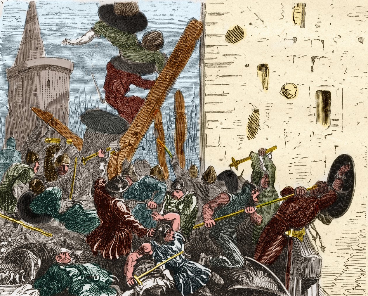 Dobytí Carcassonne během křížové výpravy proti Albigeers v srpnu 1209. Rytina v „“ Histoire De France En Cent Paintings od Paula Lehugeura „“ 1891 od French School