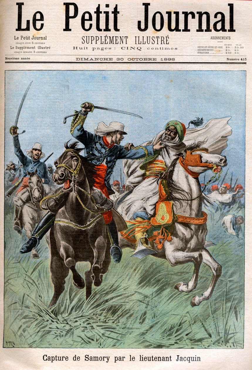 Dobytí Samory Toure (cca 1830-1900), súdánského vůdce a odpůrce francouzské kolonizace v Africe, kapitánem Gouraudem a poručíkem Jacquinem. Súdán od French School