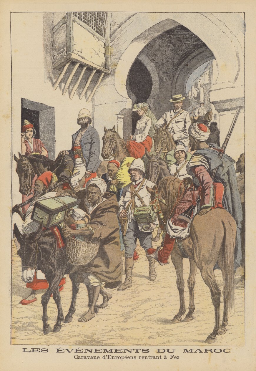 Karavana Evropanů vracejících se do Fezu, Maroko (barevná litografie) od French School