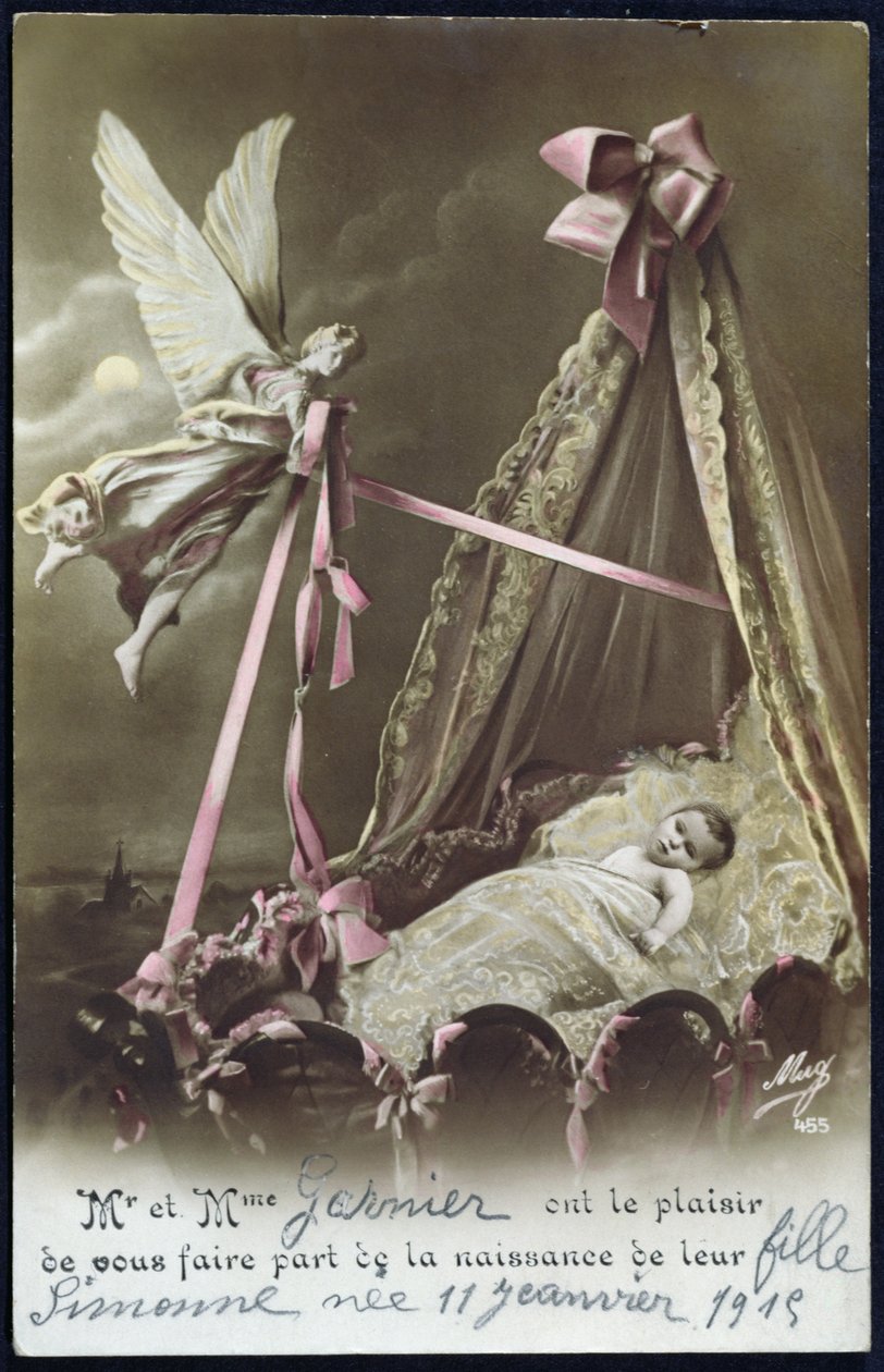 Karta oznamující narození miminka, 11. ledna 1915 (barevné foto) od French School