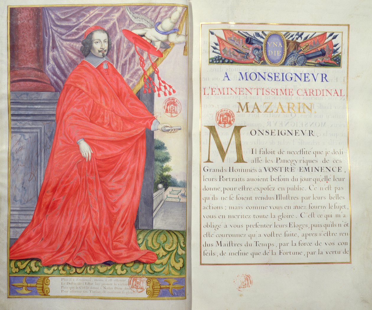 Kardinál Mazarin, ilustrace a věnování z Panegyrics of the Illustrious Men of Our Century od Puget de la Serre, 1655 od French School