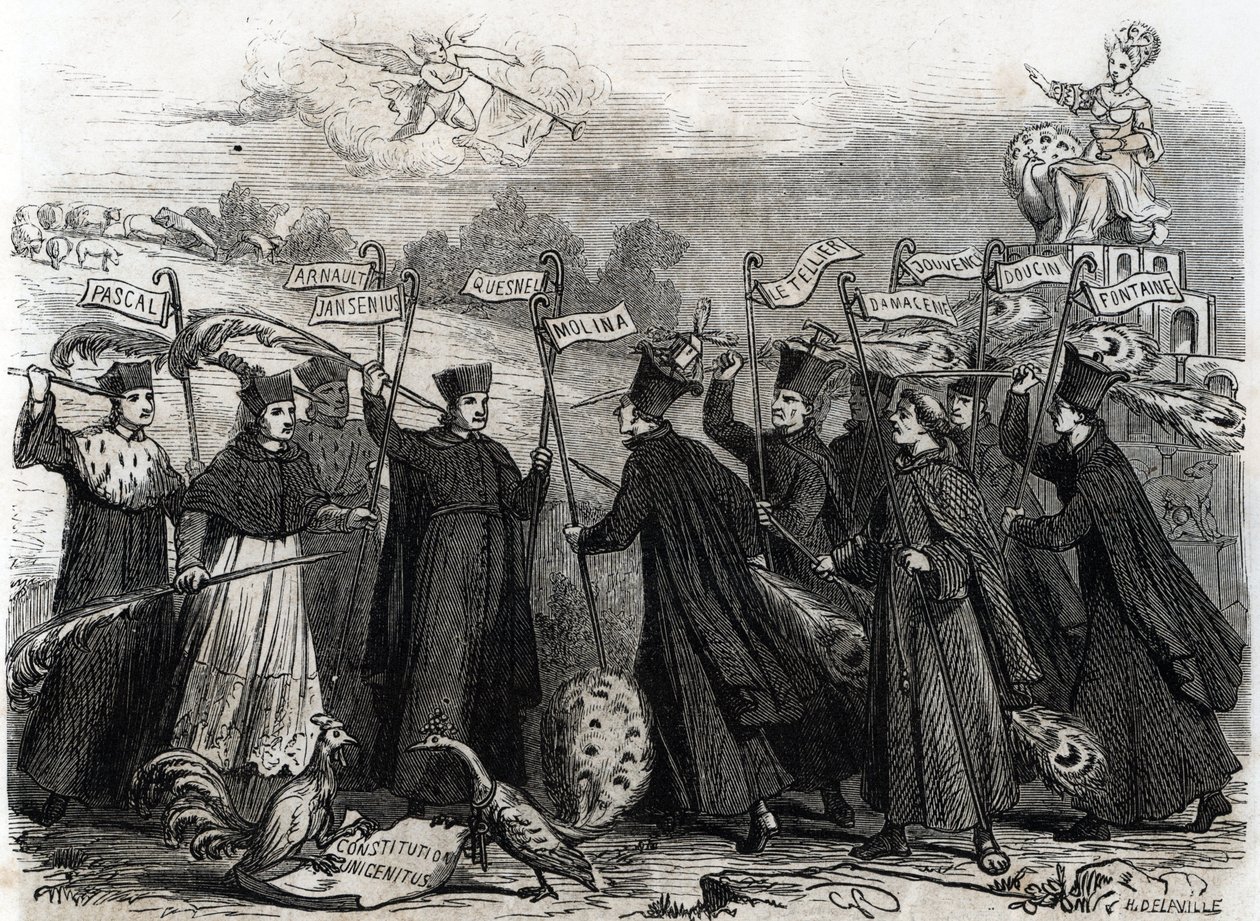 Karikatura o Unigenitovi apoštolská konstituce v podobě papežské buly vyhlášená papežem Klementem XI v roce 1713, zahájila závěrečnou fázi jansenistického sporu ve Francii 1713 (rytina) od French School