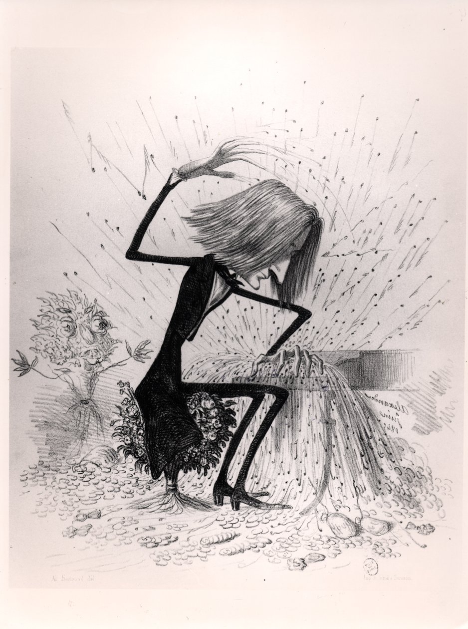 Karikatura zobrazující Franze Liszta (1811-86) hrajícího na klavír, 1845 od French School