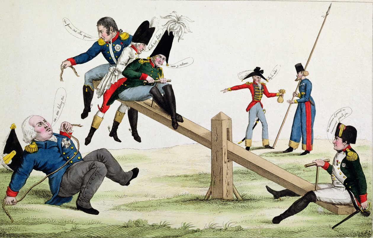 Karikatura zobrazující Ludvíka XVIII. (1755-1824) Napoleona (1769-1821) a spojence v době Cent-Jours v roce 1815 od French School