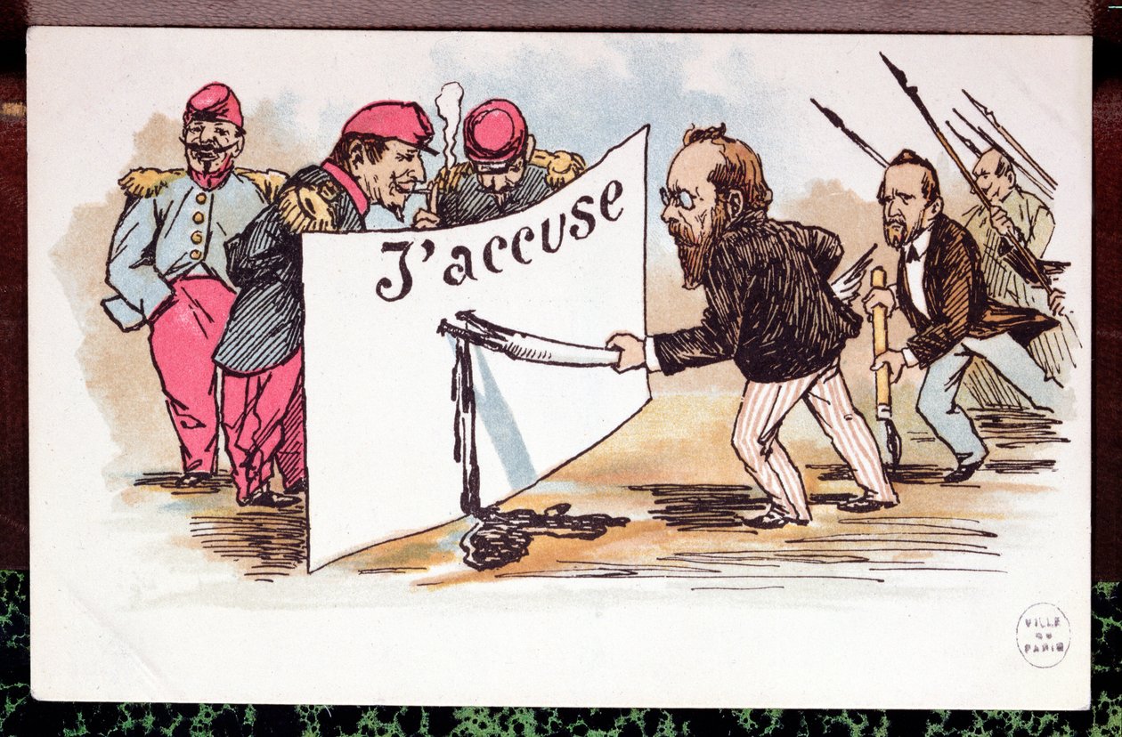 Karikatura JAccuse, článek napsaný Emile Zola (1840-1902) na obranu Alfreda Dreyfuse, 1898 od French School