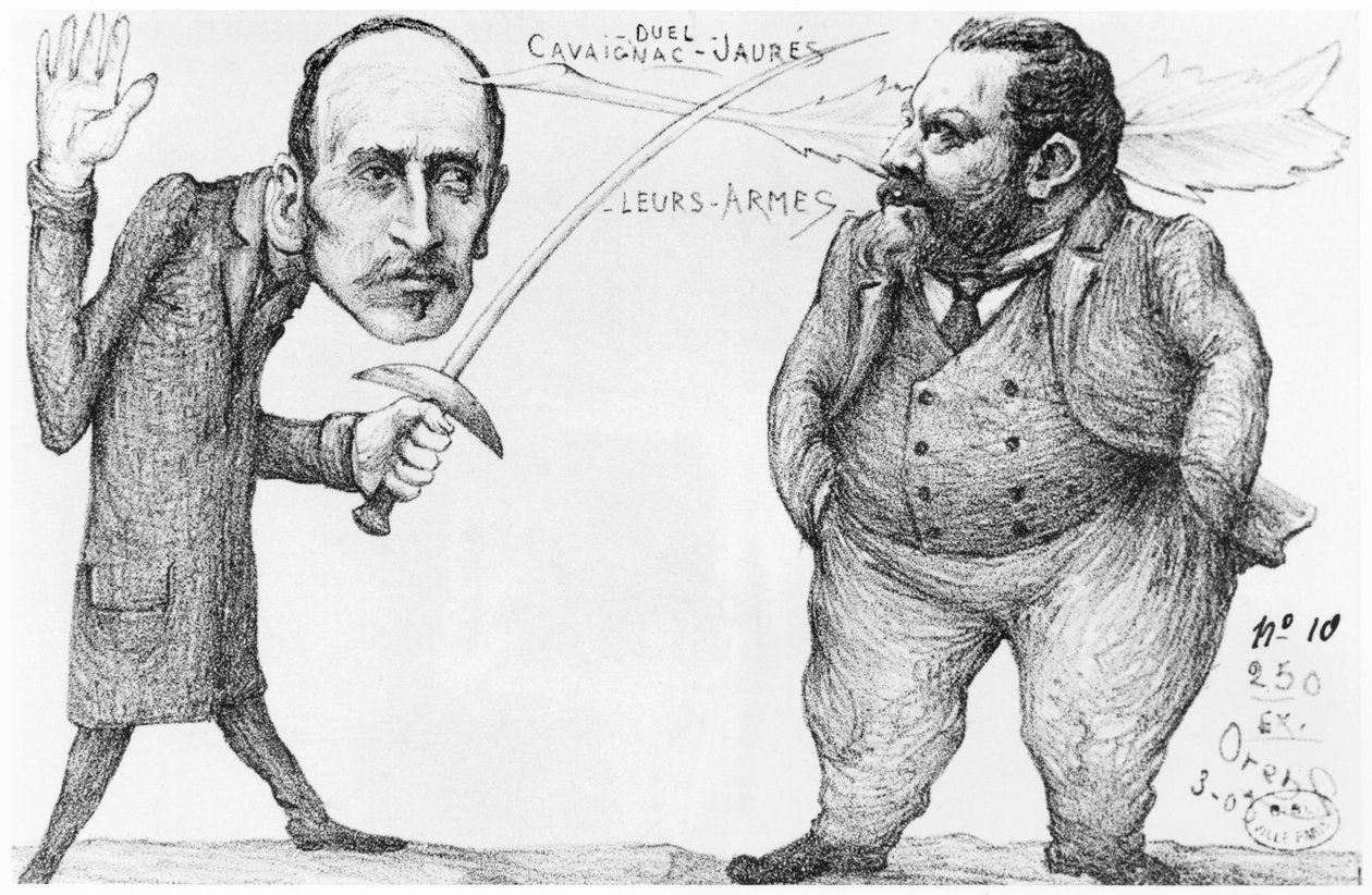 Karikatura souboje mezi Godefroyem Cavaignacem (1801-45), ministrem války a Jean Jaures (1859-1914), socialistický vůdce a pacifista, 1898 od French School
