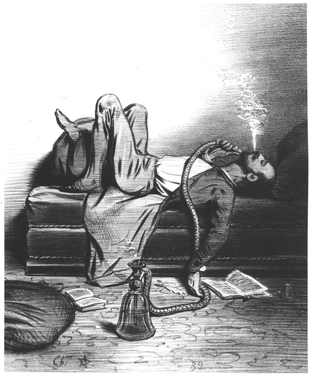 Karikatura romantického spisovatele hledající inspiraci v hašiši, c. 1849 od French School