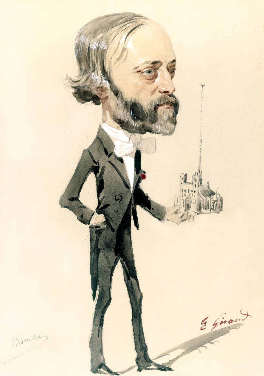 Karikatura architekta Eugèna Emmanuela Viollet-le-Duc (barva lito) od French School