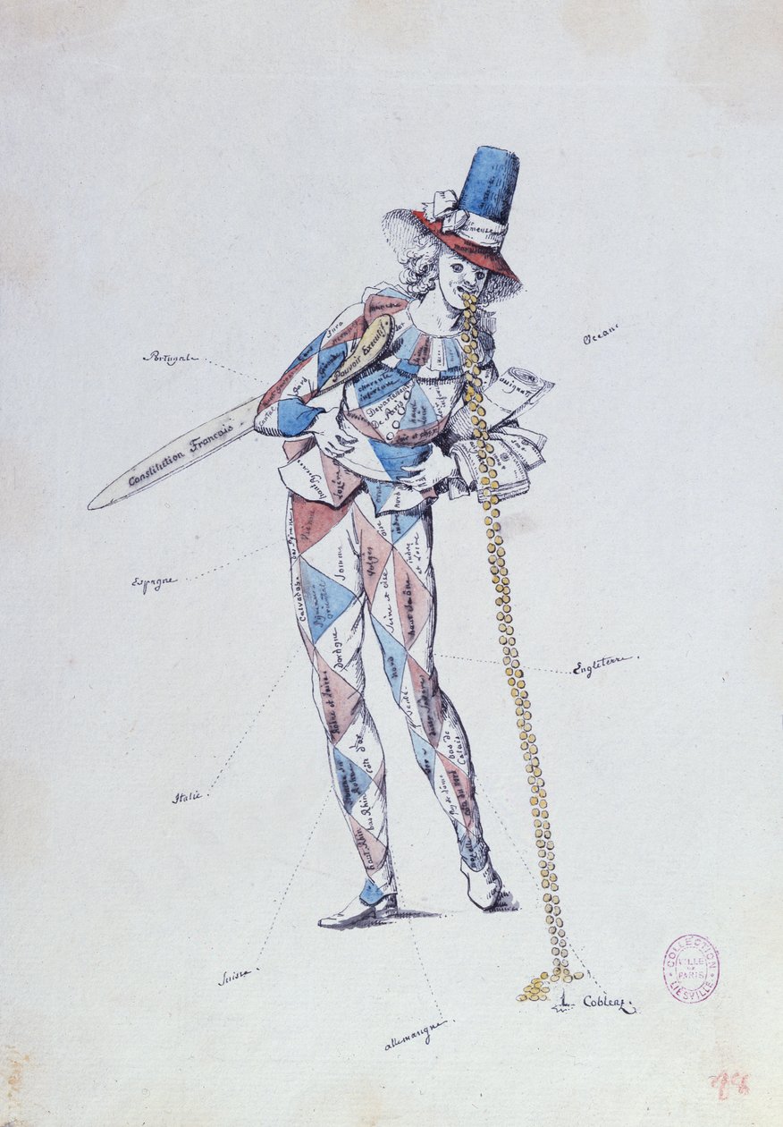 Karikatura satirizující francouzští aristokratičtí emigranti, kolem roku 1792 od French School