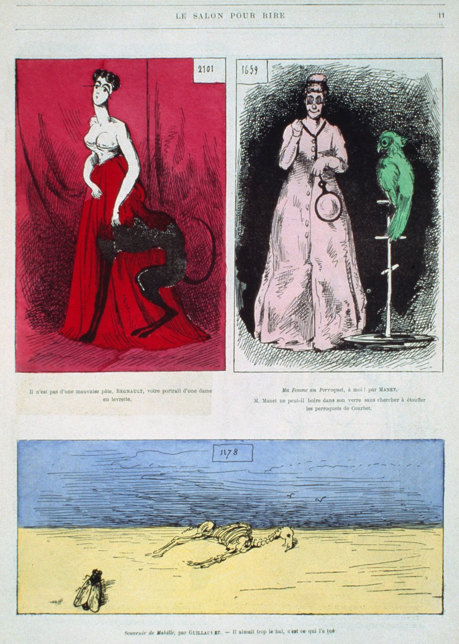 Karikatury malířů, Henri Regnault, Edouard Manet, Gustave Guillaumet, ilustrace z Le Salon pour Rire od French School