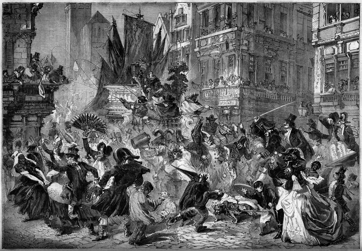 Karnevalová scéna v ulicích Antverp (Belgie) v roce 1860. Rytina v „“ Le Monde Illustré““ č. 151 ze dne 3. března 1860. od French School