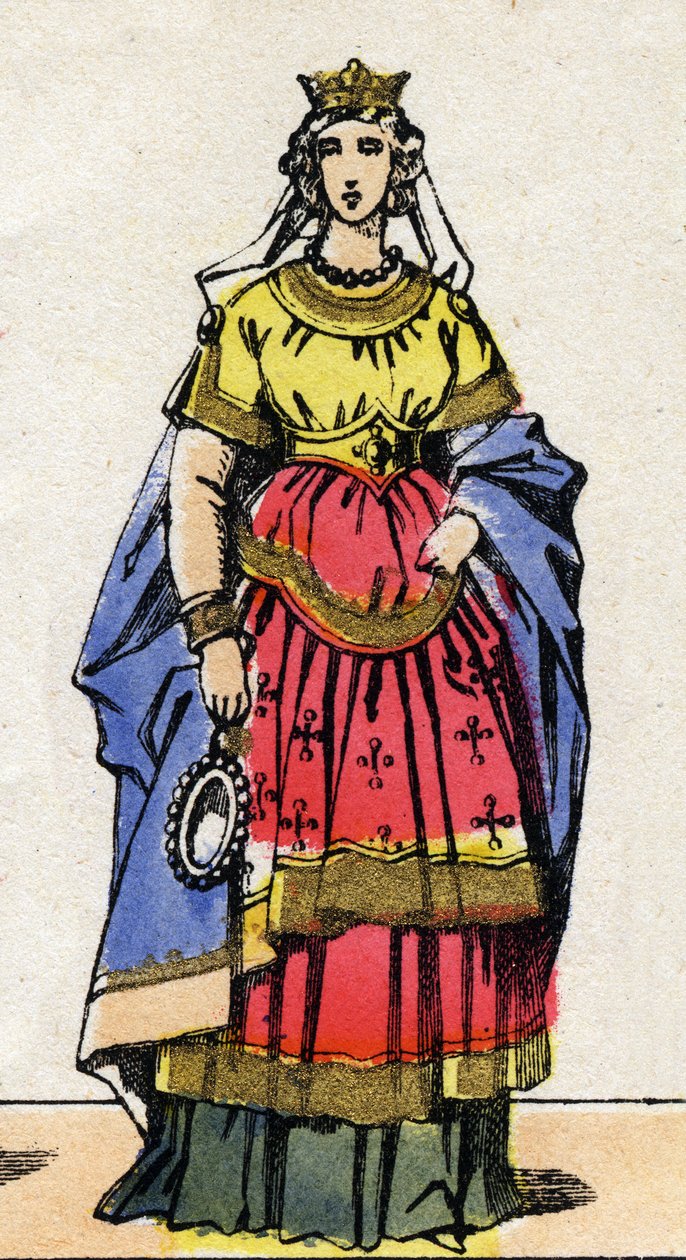 Karolinská dynastie: Portrét Emma Italská (rozená kolem roku 948) Francouzská královna manželka Lothaire (941-986). Epinal zobrazování z konce 19. století. Soukromá sbírka. od French School