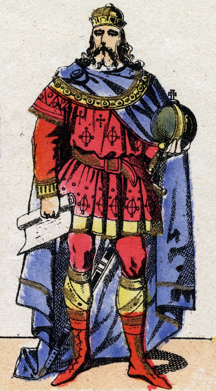Karolinská dynastie: Portrét Karla, známého jako císaře Velkého nebo Karla Velikého (Carolus Magnus, 742-814) v letech 800 až 814. Epinal zobrazování z konce 19. století. Soukromá sbírka. od French School