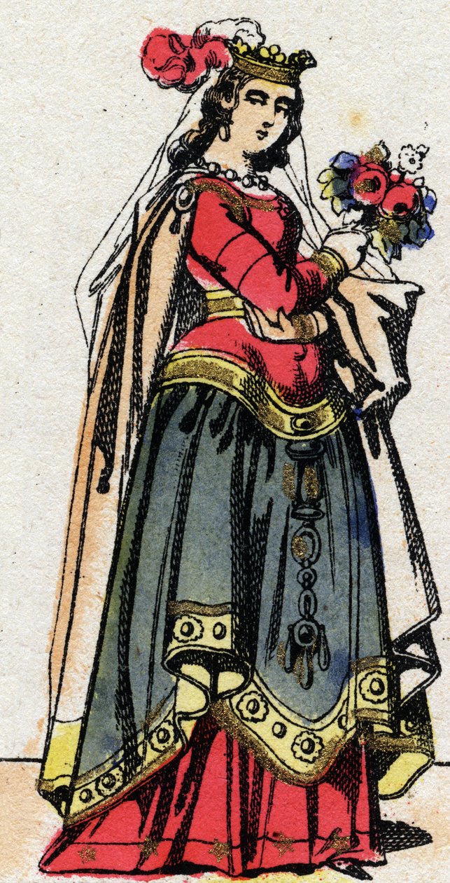 Karolinská dynastie: Portrét Hildegardy z Vintzgau (v. 758-783), manželky Karla Velikého nebo Karla Velikého (Carolus Magnus, 742-814). Epinal zobrazování z konce 19. století. Soukromá sbírka. od French School