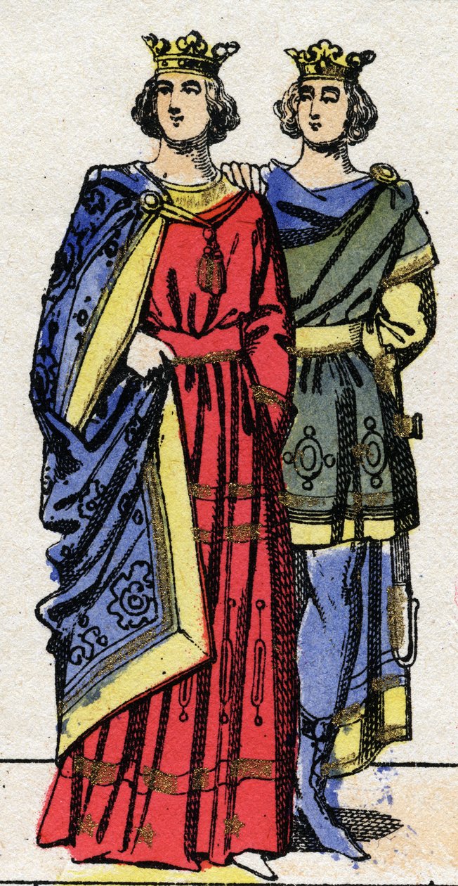Karolinská dynastie: Portréty Ludvíka III. (v. 863-882), krále Franků v letech 879 až 882 a Carlomana II. (867-884), krále Franků v letech 879 až 884. Epinal zobrazení z konce 19. století. Soukromá sbírka. od French School