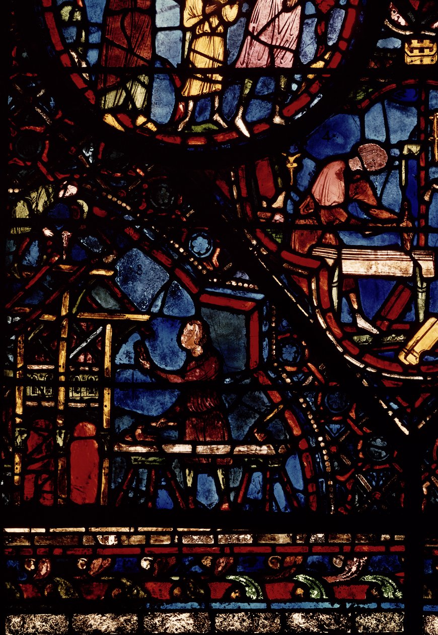 Tesaři při práci, detail z okna Život sv. Juliána špitálního v severní ambulantní části od French School