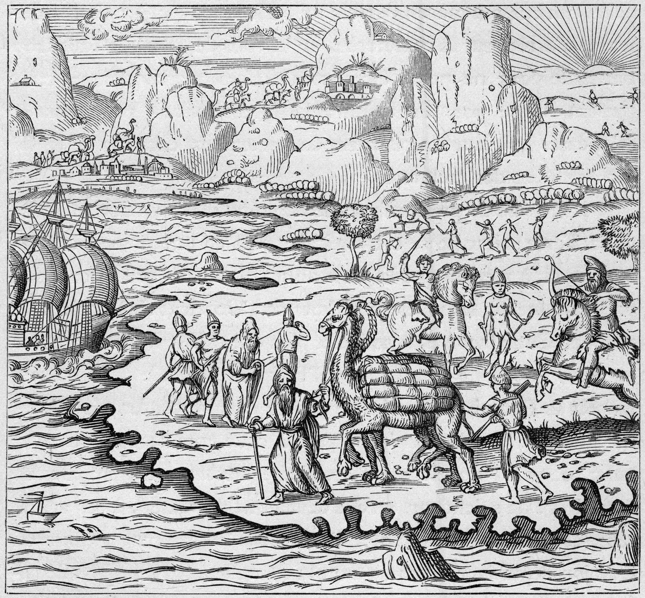 Přeprava zboží velbloudem pro nakládání lodí opouštějících řeckou přepážku v Alexandrii do Evropy. Rytina v „La Marine et les colonies: commerce“ od French School