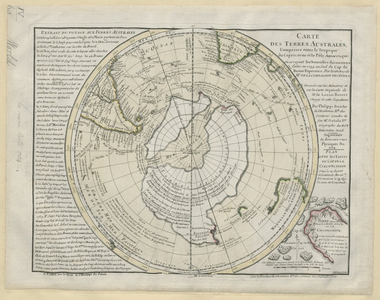 „Mapa jižních území mezi obratníkem Kozoroha a antarktickým pólem...na mapě pana de Loziera Bouveta, P. Buache“ od French School