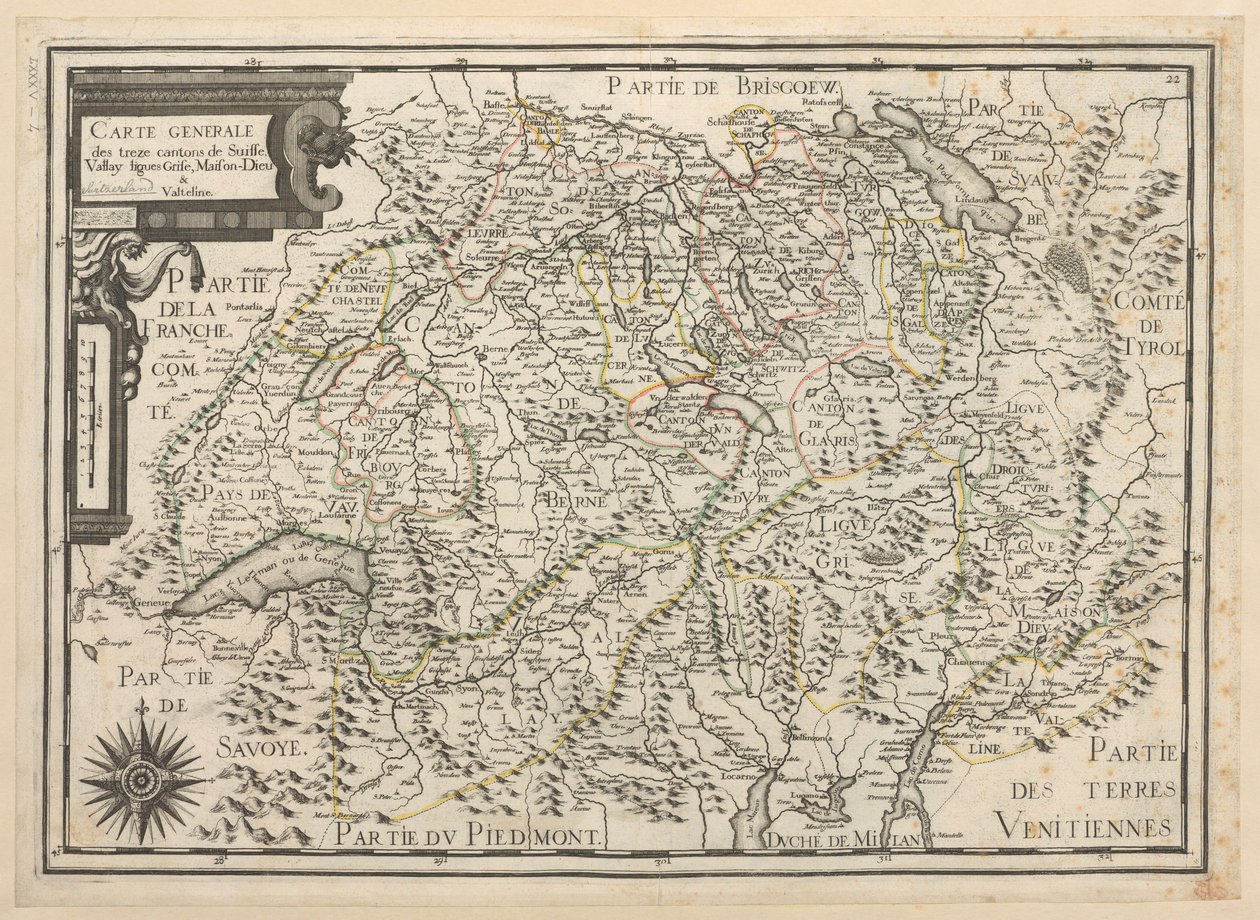 Obecná mapa třinácti kantonů Švýcarska, Vallay, Ligues, Grise, Maison-Dieu a Valteline od French School