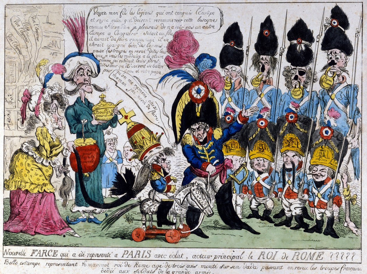 Kreslený film o Napoleonovi I. (1769 - 1821) a jeho synovi, římském králi (1811 - 1832): Ten na svém houpacím koni hodnotí vojska francouzské armády se svým otcem. Francouzský tisk z 19. století. od French School