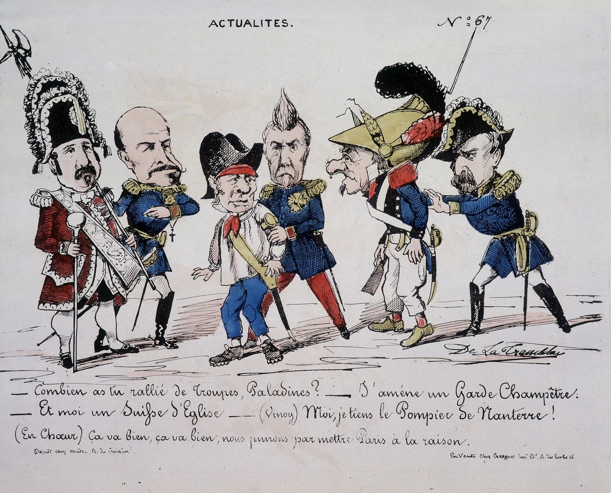 Karikatura o Komuně "" Zprávy - Kolik vojáků jste shromáždil, Paladine? - Přivedu venkovskou stráž. A já jsem švýcarská církev. - (Vinoy) Držím hasiče z Nanterre - (v srdci) To je v pořádku, to je v pořádku, konečně uvedeme Paris k rozumu. od French School